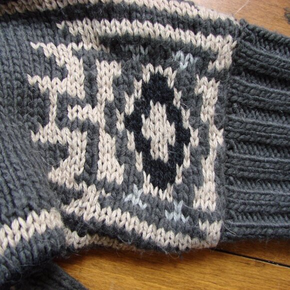 Chunky Knit Cardigan Sweater Gray Cream Aztec Pattern Wool Alpaca Blend Medium - Picture 8 of 16